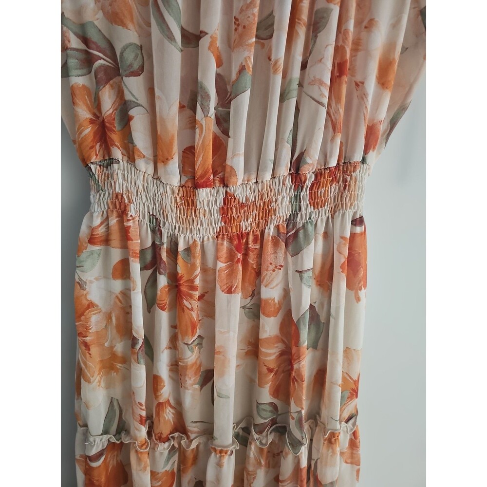 Kate and Lily Floral Madi Dress boho Ruffle Belted elastic waist Cream Orange 14 - Picture 5 of 7